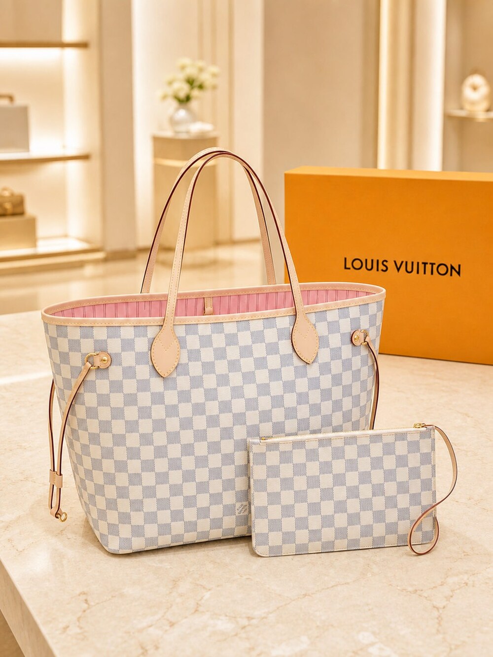Louis Vuitton Pink Interior Neverfull Carryall in Damier Azur Canvas - Picture 4 of 6